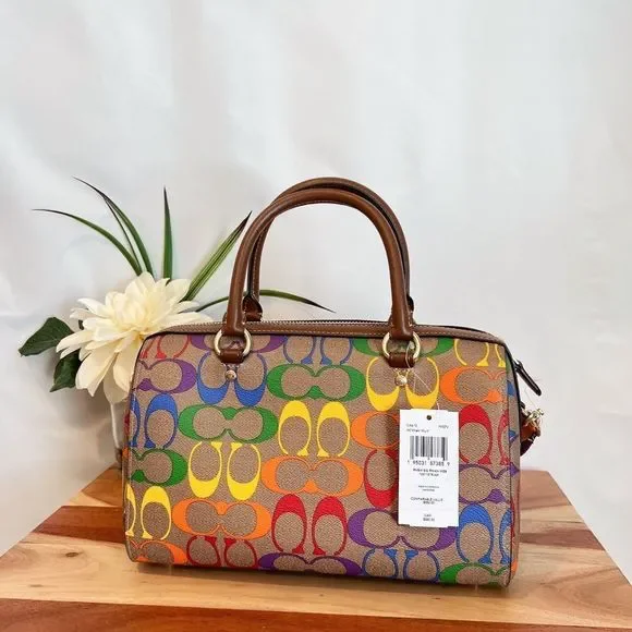 NWT Coach Rowan Satchel In Rainbow Signature Canvas - Picture 3 of 8